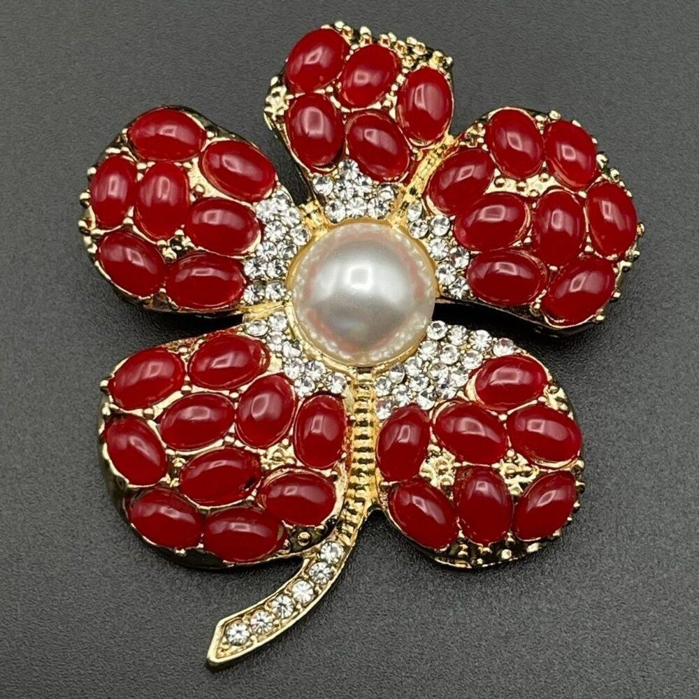 Yellow Gold with Diamond Crystal and Red Enamel Pearl Flower Pin Back Brooch